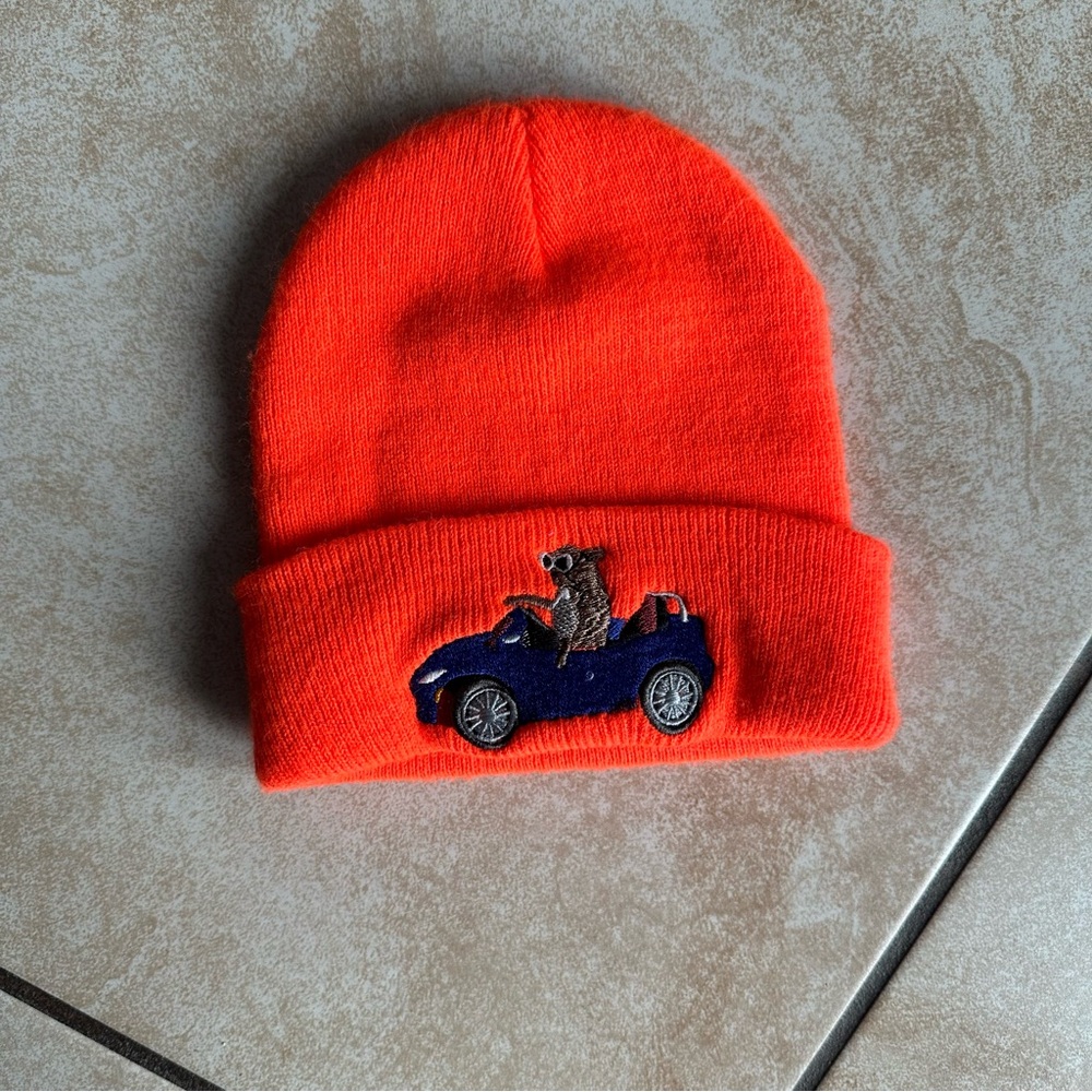 Bulldog Orange Kids Beanie with frenchie driving Car